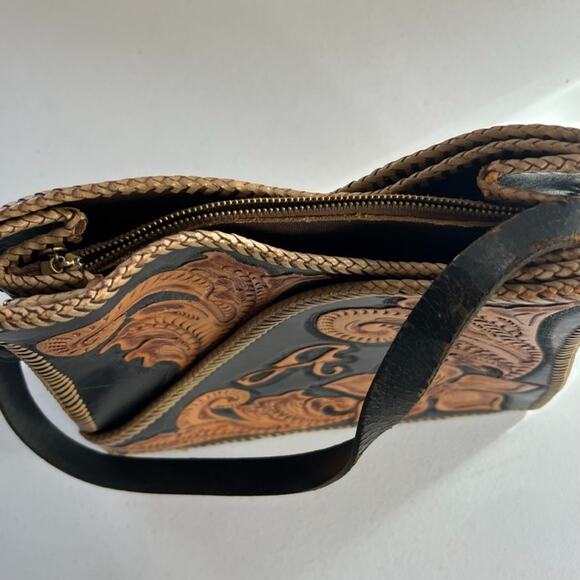 Vintage Handbag Handmade Black & Brown Leather Hand Tooled Floral - Picture 15 of 16